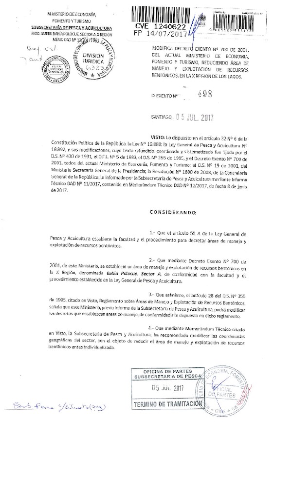 Dec. Ex. N° 498-2017 Modifica Dec. Ex. N° 700-2001, Reduciendo Área de Manejo, Bahía Polucue Sector A, X Región. (Publicado en Página Web 13-07-2017) (F.D.O. 14-07-2017)