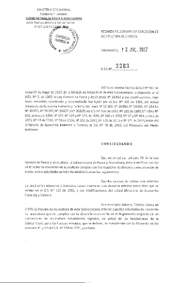 Res. Ex. N° 2263-2017 Rechaza solicitudes de concesión de acuicultura que indica.