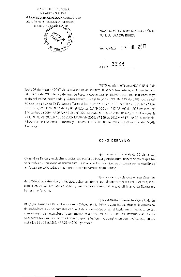 Res. Ex. N° 2264-2017 Rechaza solicitudes de concesión de acuicultura que indica.