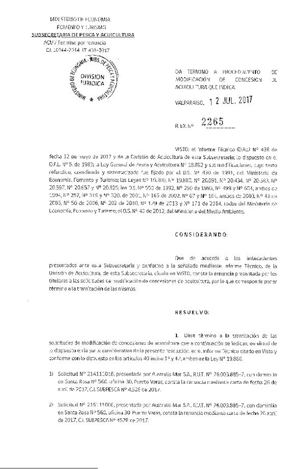 Res. Ex. N° 2265-2017 Da termino a procedimiento de modificación de concesiones de acuicultura que indica.