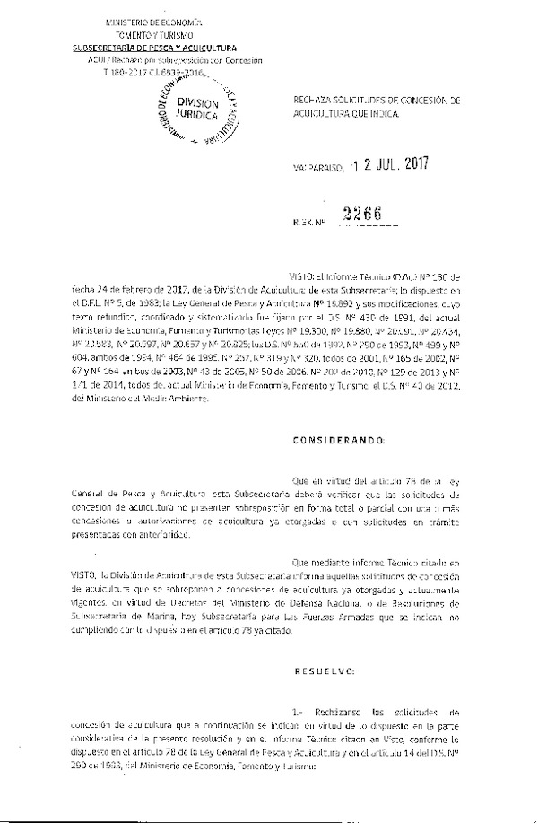 Res. Ex. N° 2266-2017 Rechaza solicitudes de concesión de acuicultura que indica.