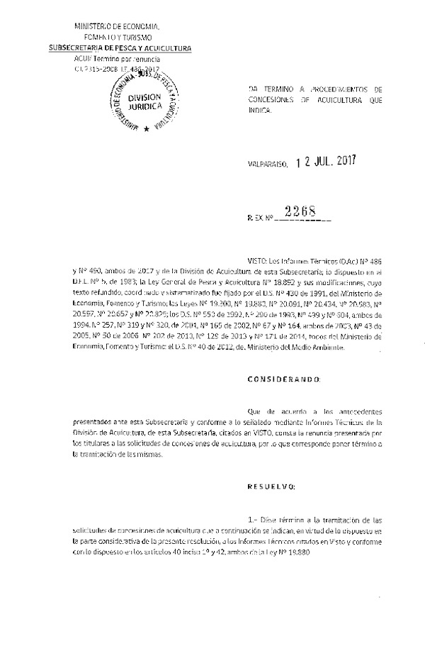 Res. Ex. N° 2268-2017 Da termino a procedimiento de concesiones de acuicultura que indica.