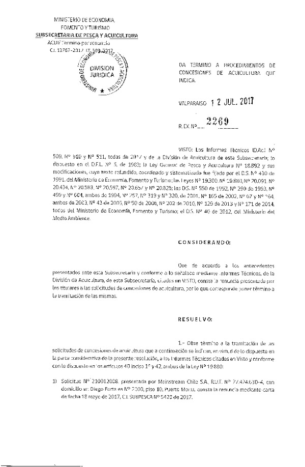 Res. Ex. N° 2269-2017 Da termino a procedimiento de concesiones de acuicultura que indica.