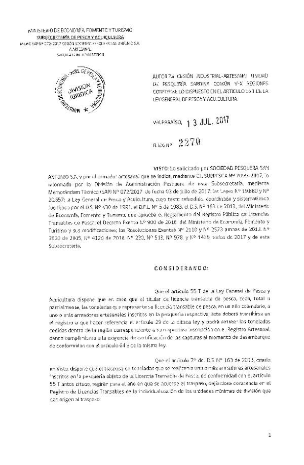 Res. Ex. N° 2270-2017 Autoriza cesión Sardina común, VIII Región.