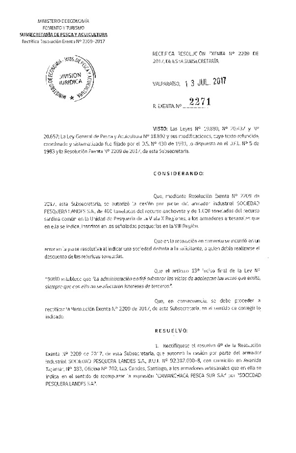 Res. Ex. N° 2271-2017 Rectifica Res. Ex. N° 2209-2017 Autoriza cesión Anchoveta y Sardina común, VIII Región.