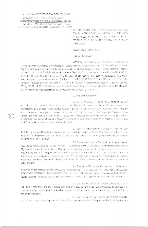Res. Ex. N° 40-2017 (DZP VIII) Autoriza Cesión Merluza común, VIII Región.