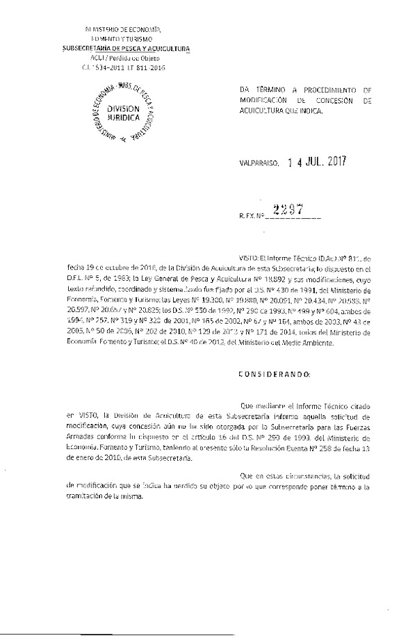 Res. Ex. N° 2297-2017 Da termino a procedimiento de modificación de concesión de acuicultura que indica.