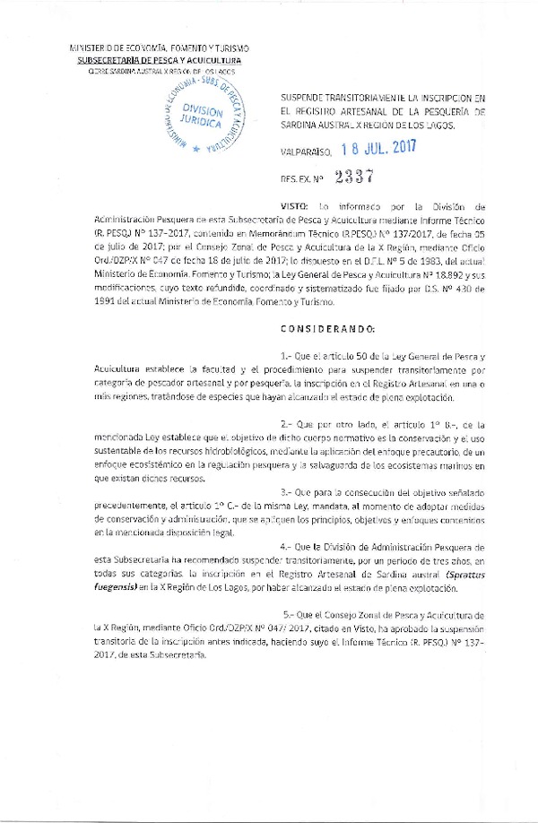 Res. Ex. N° 2337-2017 Suspende Transitoriamente la Inscripción en el Registro Artesanal de la Pesquería de Sardina Austral X Región de los Lagos. (Publicado en Página Web 18-07-2017) (F.D.O. 22-07-2017)