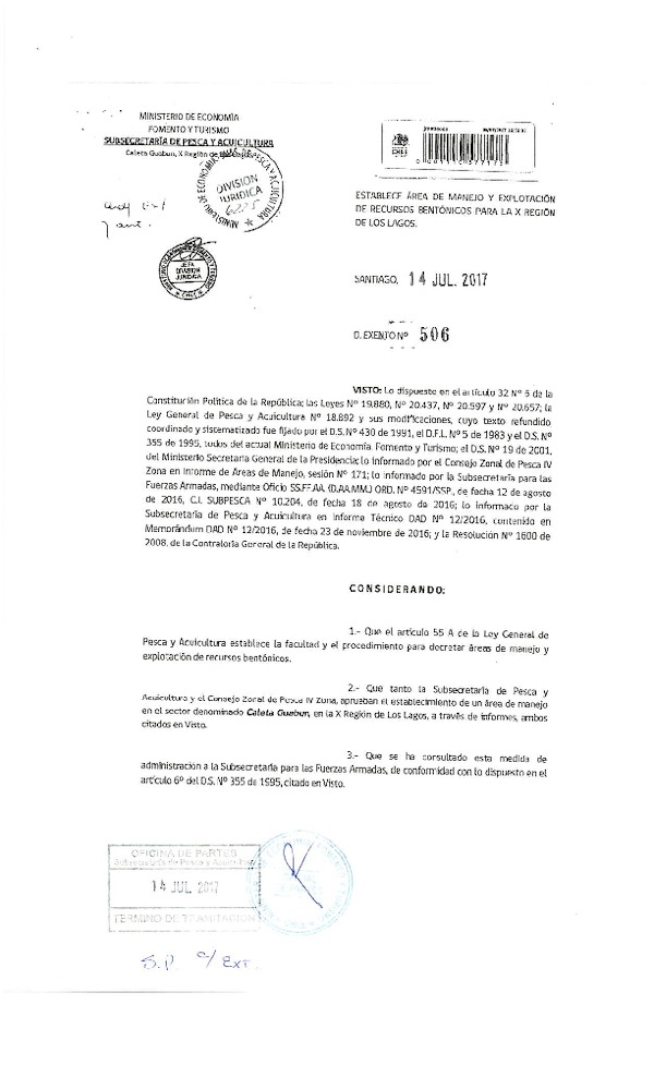 Dec. Ex. N° 506-2017 Establece Área de Manejo y Explotación de Recursos Bentónicos Caleta Guabun, X Región. (F.D.O. 20-07-2017)