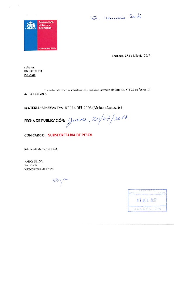 Dec. Ex. N° 505-2017 Modifica Dec. Ex. N° 114-2005 Establece Régimen Artesanal de Extracción por Organización para la Pesquería Artesanal de Merluza delo sur en la XI Región. (F.D.O. 20-07-2017)