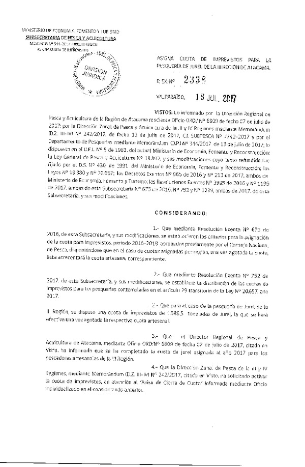 Res. Ex. N° 2338-2017 Asigna Cuota de Imprevistos para la Pesquería de Jurel III Región. (Publicado en Página Web 20-07-2017) (F.D.O. 25-07-2017)