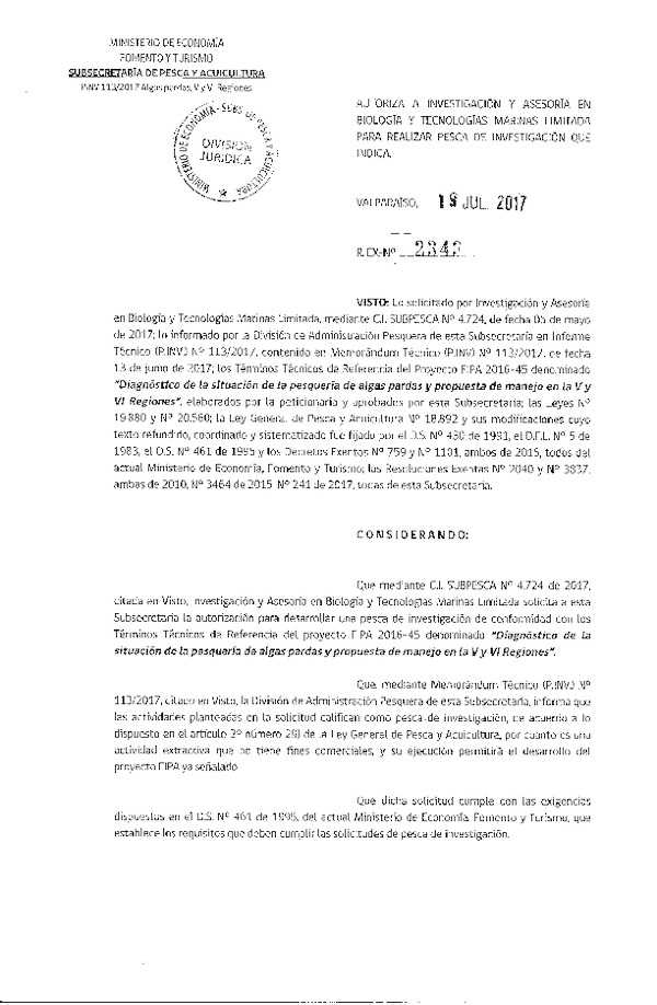 Res. Ex. N° 2343-2017 Diagnóstico de la situación de la pesquería de algas y propuesta de manejo en la V y VI Regiones.