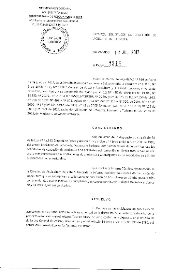 Res. Ex. N° 2266-2017 Rechaza solicitudes de concesión de acuicultura que indica.