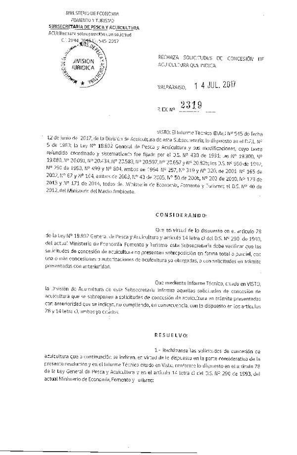 Res. Ex. N° 2319-2017 Rechaza solicitudes de concesión de acuicultura que indica.