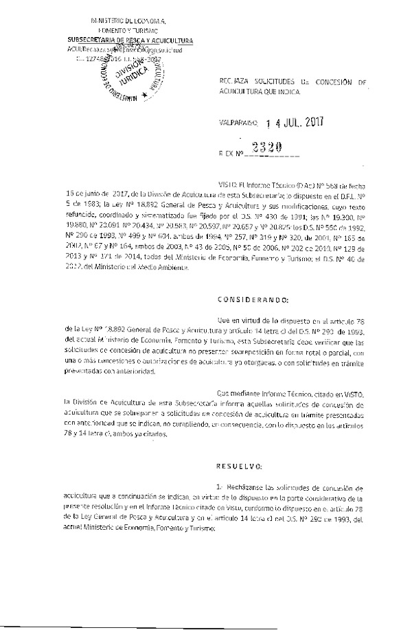 Res. Ex. N° 2320-2017 Rechaza solicitudes de concesión de acuicultura que indica.