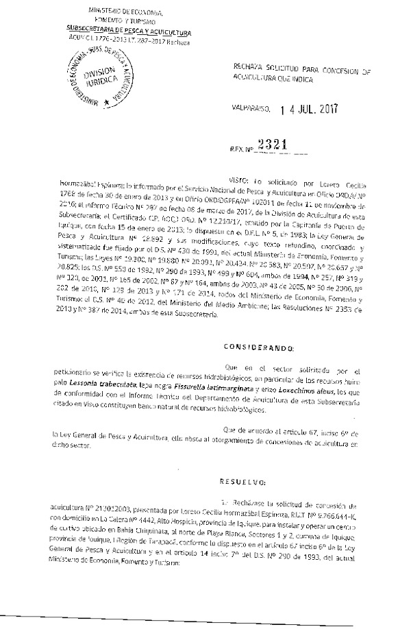 Res. Ex. N° 2321-2017 Rechaza solicitud de concesión de acuicultura que indica.