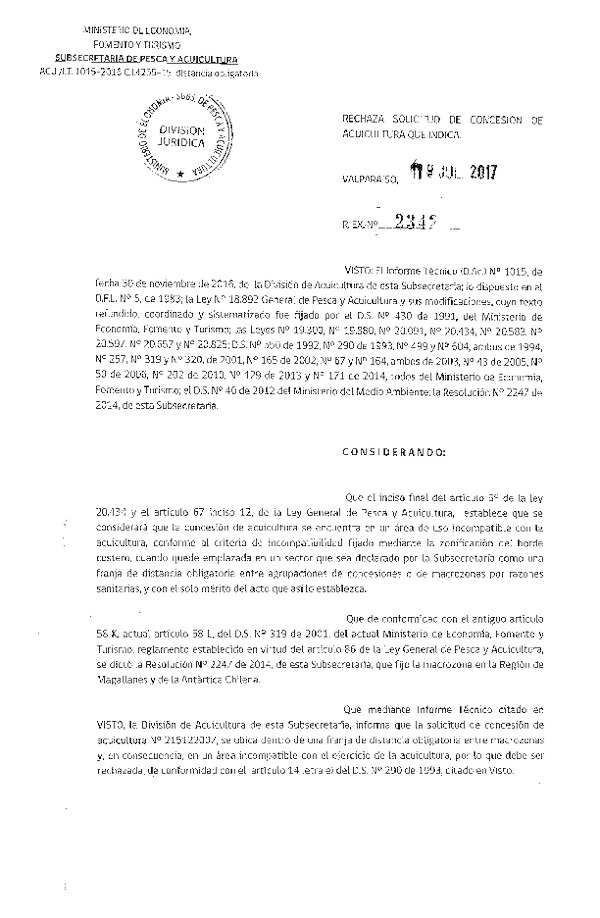 Res. Ex. N° 2342-2017 Rechaza solicitud de concesión de acuicultura que indica.