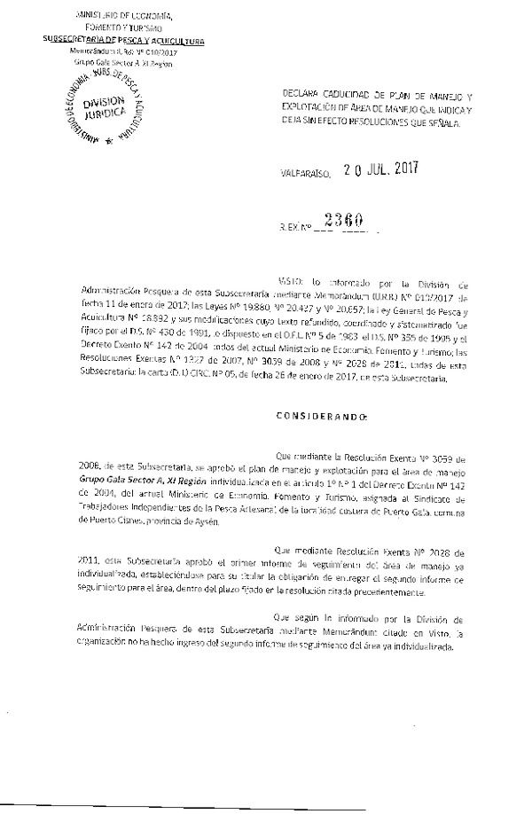 Res. Ex. N° 2360-2017 Declara Caducidad de Plan de Manejo y Deja sin Efecto Resoluciones que Señala.