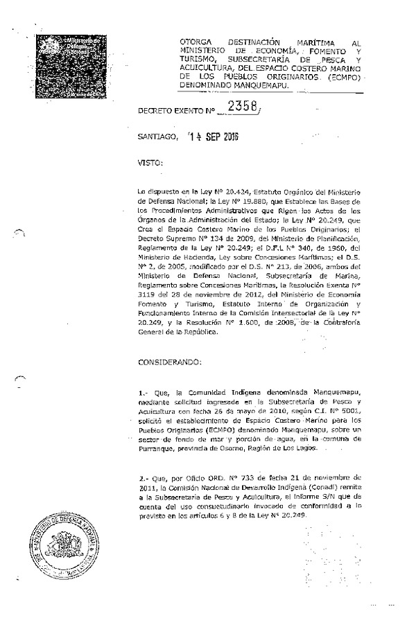 Decreto de regulación marina Manquemapu