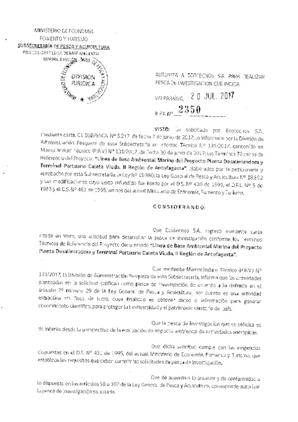 Res. Ex. N° 2350-2017 Línea de base ambiental marina, II Región de Antofagasta.