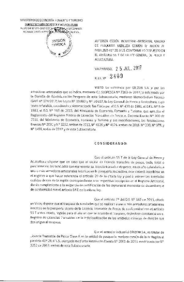 Res. Ex. N° 2409-2017 Autoriza cesión Merluza común IV-VIII Región.