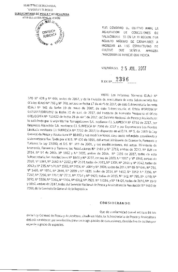 Res. Ex. N° 2396-2017 Fija Densidad de Cultivo para la Agrupación de Concesiones de Salmónidos 33 en la XI Región. (Con Informe Técnico) (Publicado en Página Web 26-07-2017) (F.D.O. 02-08-2017)