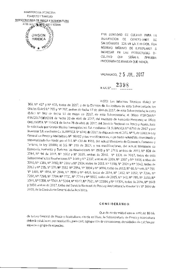 Res. Ex. N° 2398-2017 Fija Densidad de Cultivo para la Agrupación de Concesiones de Salmónidos 12 A, X Región. (Con Informe Técnico) (Publicado en Página Web 26-07-2017) (F.D.O. 02-08-2017)