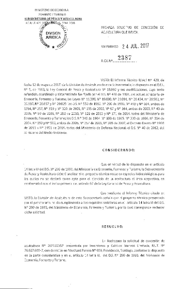 Res. Ex. N° 2387-2017 Rechaza solicitud de concesión de acuicultura que indica.