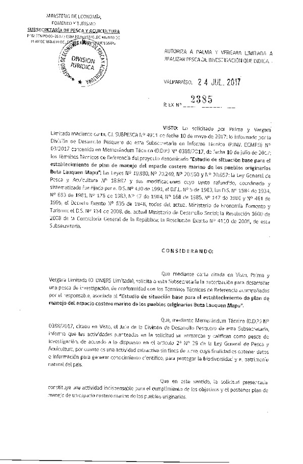 Res. Ex. N° 2385-2017 Estudio de situación base para el establecimiento de plan de manejo ECMPO.