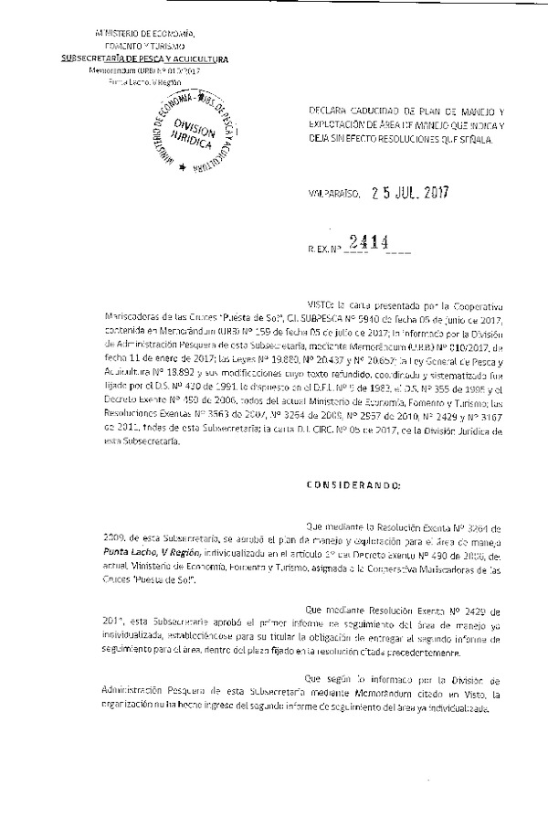 Res. Ex. N° 2414-2017 Declara Caducidad de Plan de Manejo. Deja sin Efecto Resoluciones que Indica.