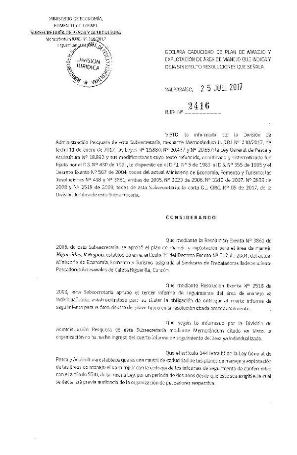 Res. Ex. N° 2416-2017 Declara Caducidad de Plan de Manejo. Deja sin Efecto Resoluciones que Indica.