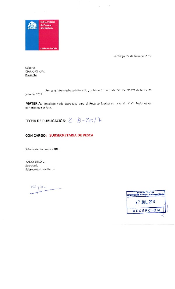 Dec. Ex. N° 524-2017, Establece Veda Extractiva para el Recurso Macha en la V, VI y VII Regiones. (Publicado en Página Web 28-07-2017) (F.D.O. 02-08-2017)