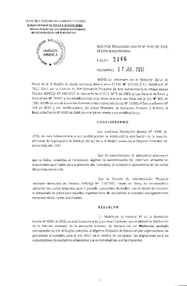 Res. Ex. N° 2446-2017 Modifica Res. Ex. N° 4180-2016 Distribución de la Fracción Artesanal de Pesquería de Merluza del Sur por Organizaciones, XI Región, año 2017. (Publicado en Página Web 28-07-2017)