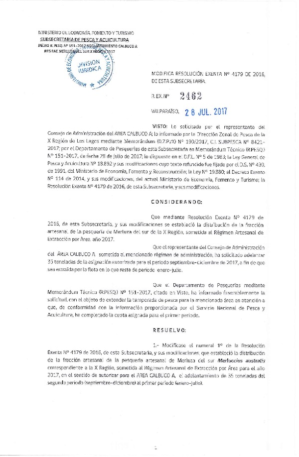 Res. Ex. N° 2462-2017 Modifica Res. Ex. N° 4179-2016 Distribución de la Fracción Artesanal de Pesquería de Merluza del Sur por Área,X Región, Año 2017. (Publicado en Página Web 28-07-2017)