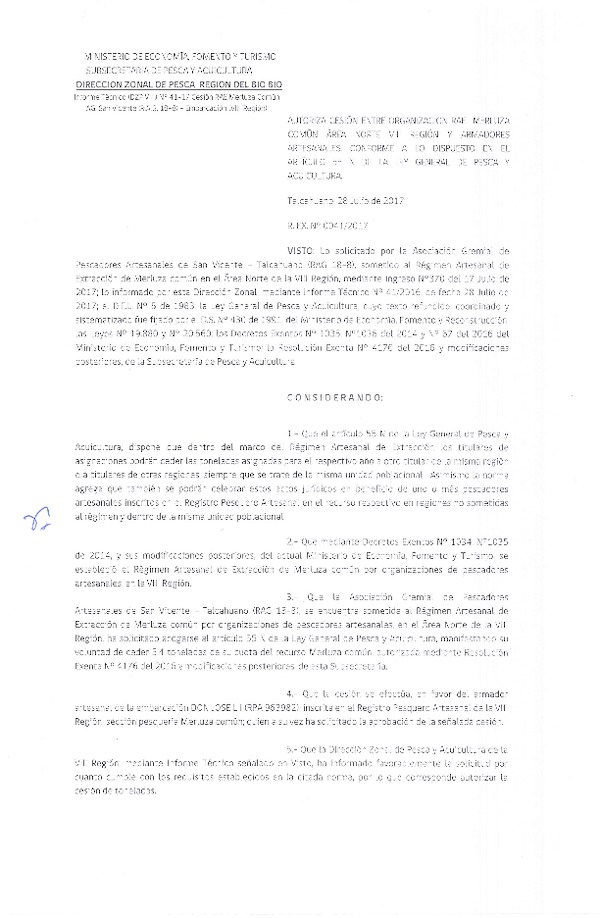 Res. Ex. N° 41-2017 (DZP VIII) Autoriza Cesión Merluza común, VIII Región.