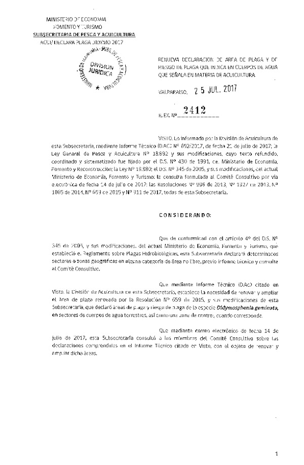 Res. Ex. N° 2412-2017 Renueva Declaración de Área de Plaga y de Riesgo de Plaga que Indica, en Cuerpos de Agua de la VIII-XII Regiones. (Publicado en en Página Web 31-07-2017) (Con Informe Técnico) (F.D.O. 03-08-2017)