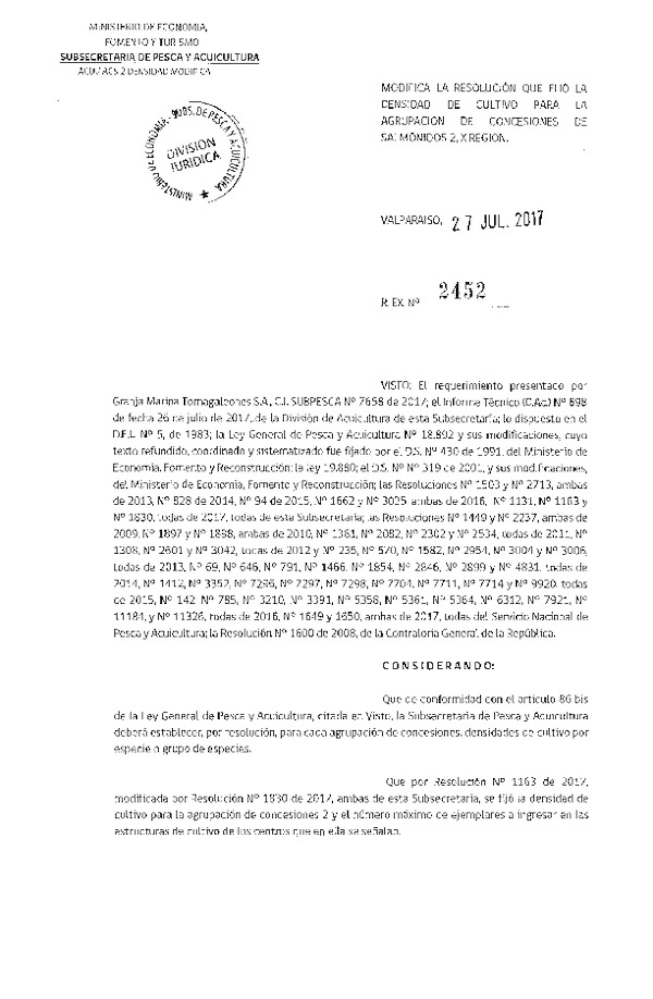 Res. Ex. N° 2452-2017 Modifica Res. Ex. N° 1163-2017 Fija Densidad de Cultivo para la Agrupación de Concesiones de Salmónidos 2, X Región. Aprueba Programas de Manejo que Indica. (Con Informe Técnico)(Publicado en Página Web 31-07-2017) (F.D.O. 04-08-2017)