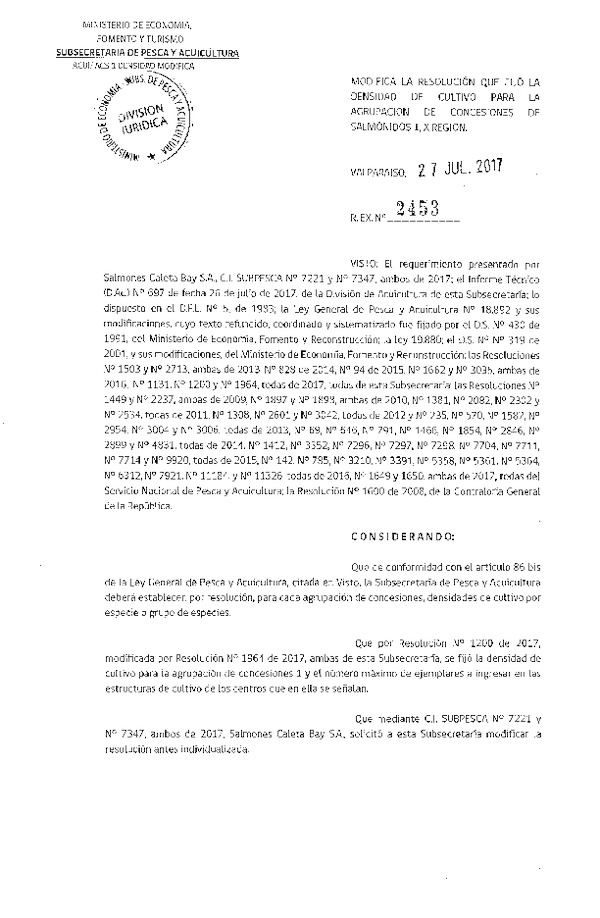 Res. Ex. N° 2453-2017 Modifica Res. Ex. N° 1200-2017 Fija Densidad de Cultivo para la Agrupación de Concesiones de Salmónidos 1, X Región. Aprueba Programa de Manejo que Indica. (Con Informe Técnico) (Publicado en Página Web 31-07-2017) (F.D.O. 04-08-2017)