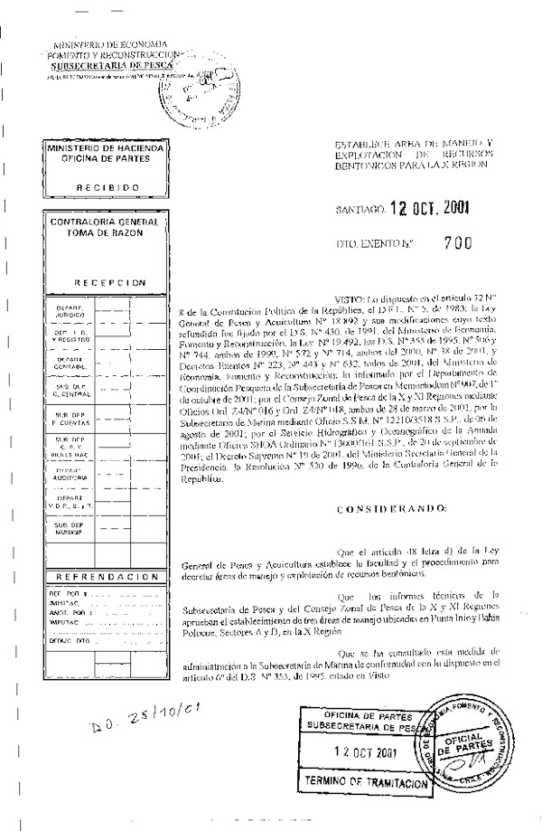 Dec. Ex. N° 700-2001 Establece área de manejo Punta Inio y Bahía Polocue, X Región.