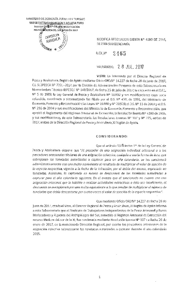 Res. Ex. N° 2465-2017 Modifica Res. Ex. N° 4180-2016 Distribución de la Fracción Artesanal de Pesquería de Merluza del Sur por Organizaciones, XI Región, año 2017. (Publicado en Página Web 01-08-2017)