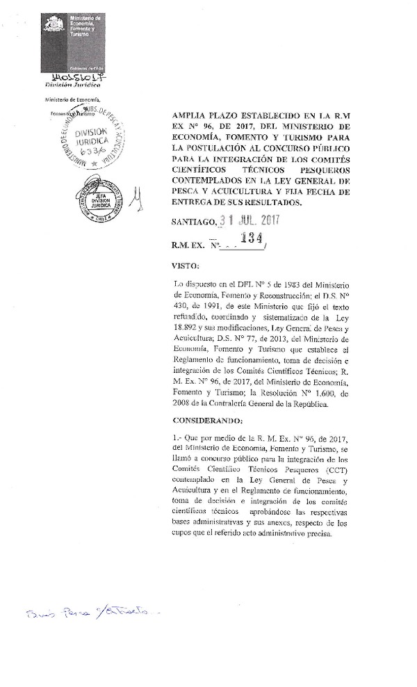 R.M. Ex. N° 134-2017 Amplia Plazo Establecido en la R.M. Ex.96-2017 Para la Postulación al Concurso Público para la Integración de los Comités Científicos Técnicos Pesqueros. Fija Fecha de Entrega de sus Resultados. (Publicado en Página Web 01-08-2017) (F.D.O. 04-08-2017)