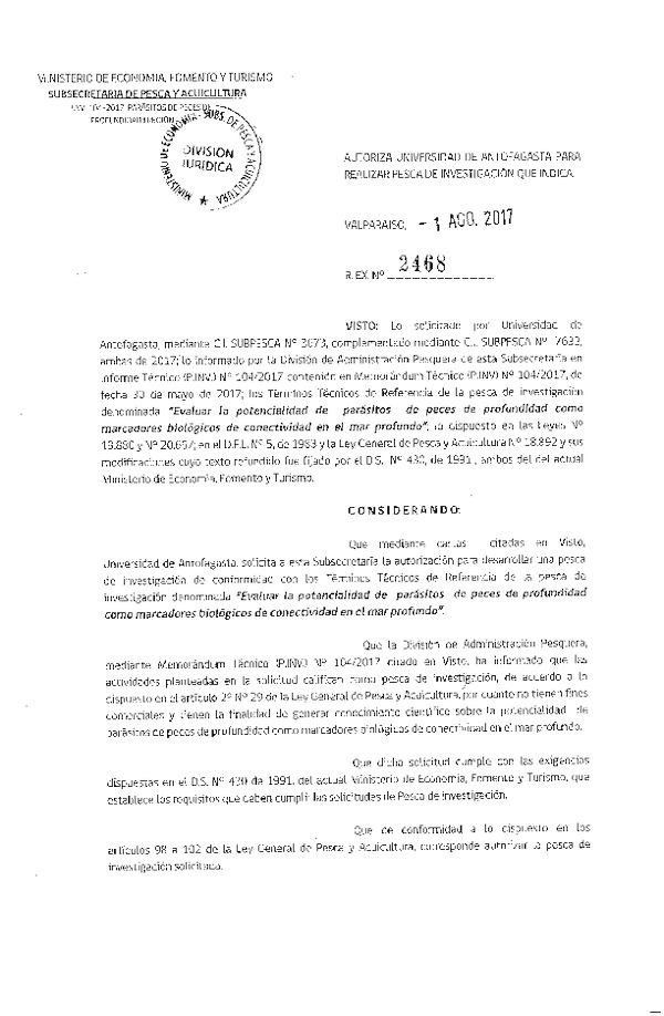 Res. Ex. N° 2468-2017 evaluar la potencialidad de parásitos de peces de profundidad como marcadores biológicos de conectividad en el mar profundo.