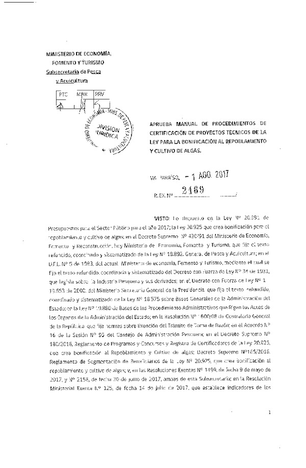 Res. Ex. N° 2469-2017 aprueba manual de procedimientos de certificación de proyectos técnicos de La Ley para la bonificación al repoblamiento y cultivo de algas.