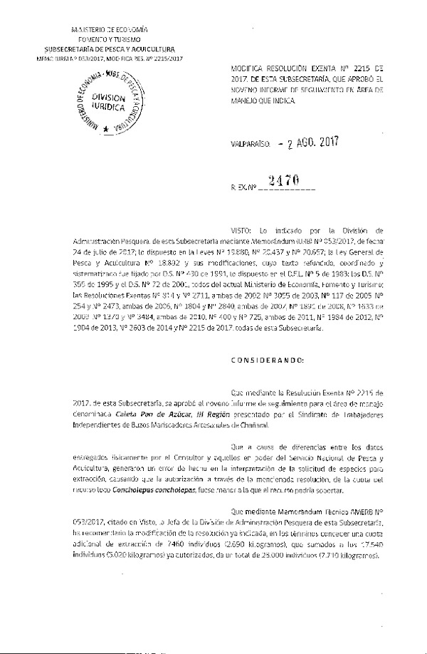Res. Ex. N° 2470-2017 Modifica Res. Ex. N° 2215-2017.