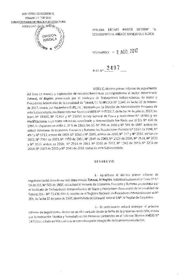 Res. Ex. N° 2497-2017 11° Seguimiento.