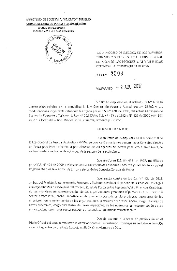 Res. Ex. N° 2504-2017 Inicia Proceso de Elección de los Miembros Titulares y Suplentes en el Consejo Zonal de Pesca V-VII Regiones e Islas Oceánicas. (Publicado en Página Web 03-08-2017) (F.D.O. 09-08-2017)