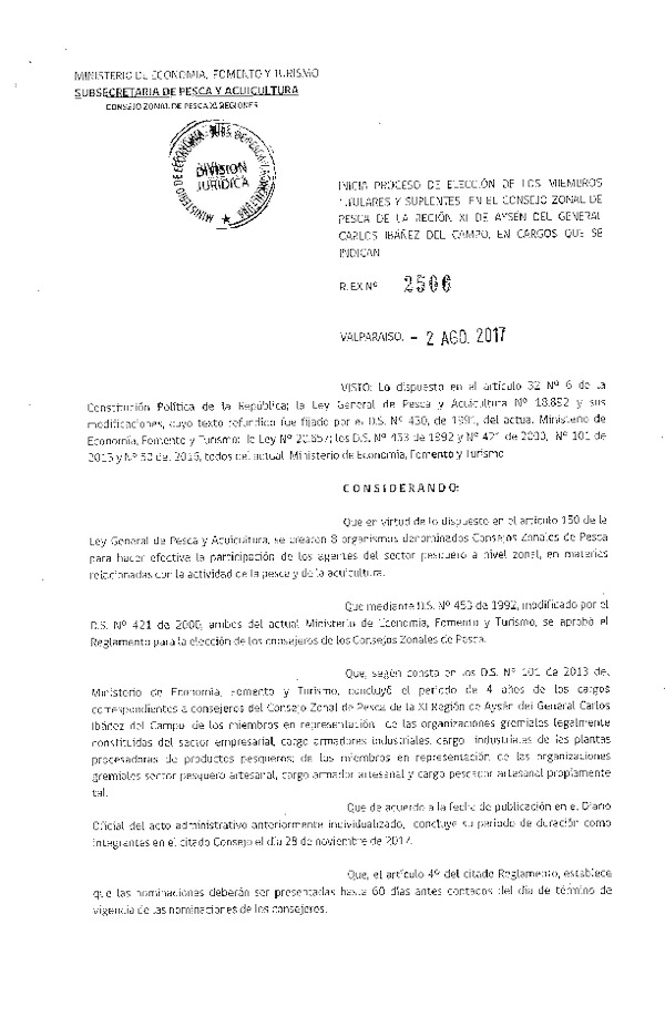 Res. Ex. N° 2506-2017 Inicia Proceso de Elección de los Miembros Titulares y Suplentes en el Consejo Zonal de Pesca XI Región. (Publicado en Página Web 03-08-2017) (F.D.O. 09-08-2017)