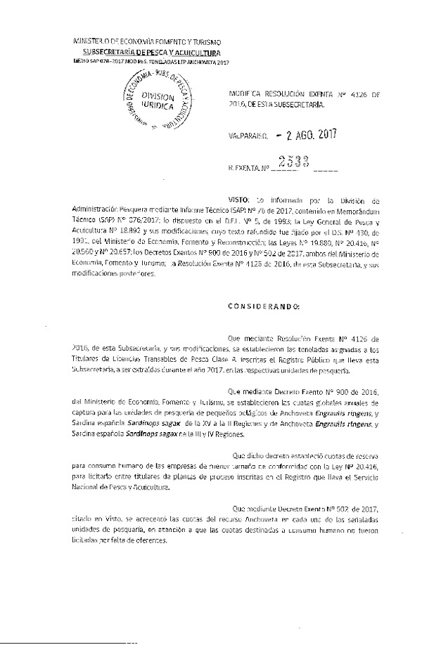 Res. Ex. N° 2533-2017 Modifica Res. Ex. N° 4126-2016 Que Establece Toneladas para Titulares de Licencias Transables de Pesca, Clase A, Año 2017. Fija Nómina de Titulares, Arrendatarios y Meros Tenedores. (Publicado en Página Web 04-08-2017) (F.D.O. 10-08-2017)