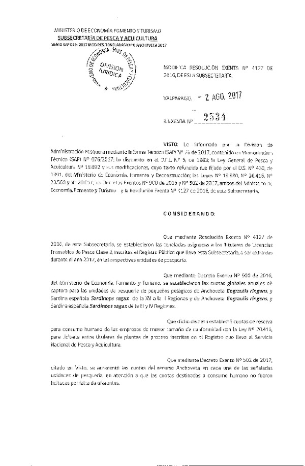 Res. Ex. N° 2534-2017 Modifica 	Res. Ex. N° 4127-2016 Establece Toneladas para Titulares de Licencias Transables de Pesca, Clase B, Año 2017. (Publicado en Página Web 04-08-2017) (F.D.O. 10-08-2017)