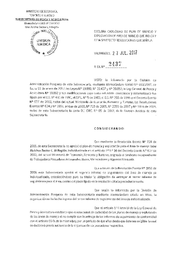 Res. Ex. N° 2437-2017 Declara Caducidad de Plan de Manejo. Deja sin Efecto Resoluciones que Señala.